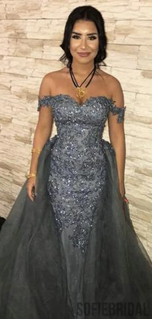 Off Shoulder Long Lace Tulle Prom Dresses, PD0981