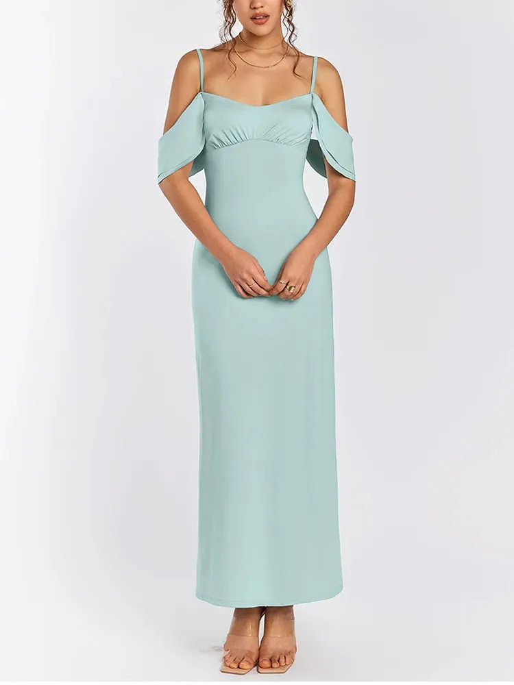 Off the Shoulder Adjustable Straps Ruched Maxi Dress