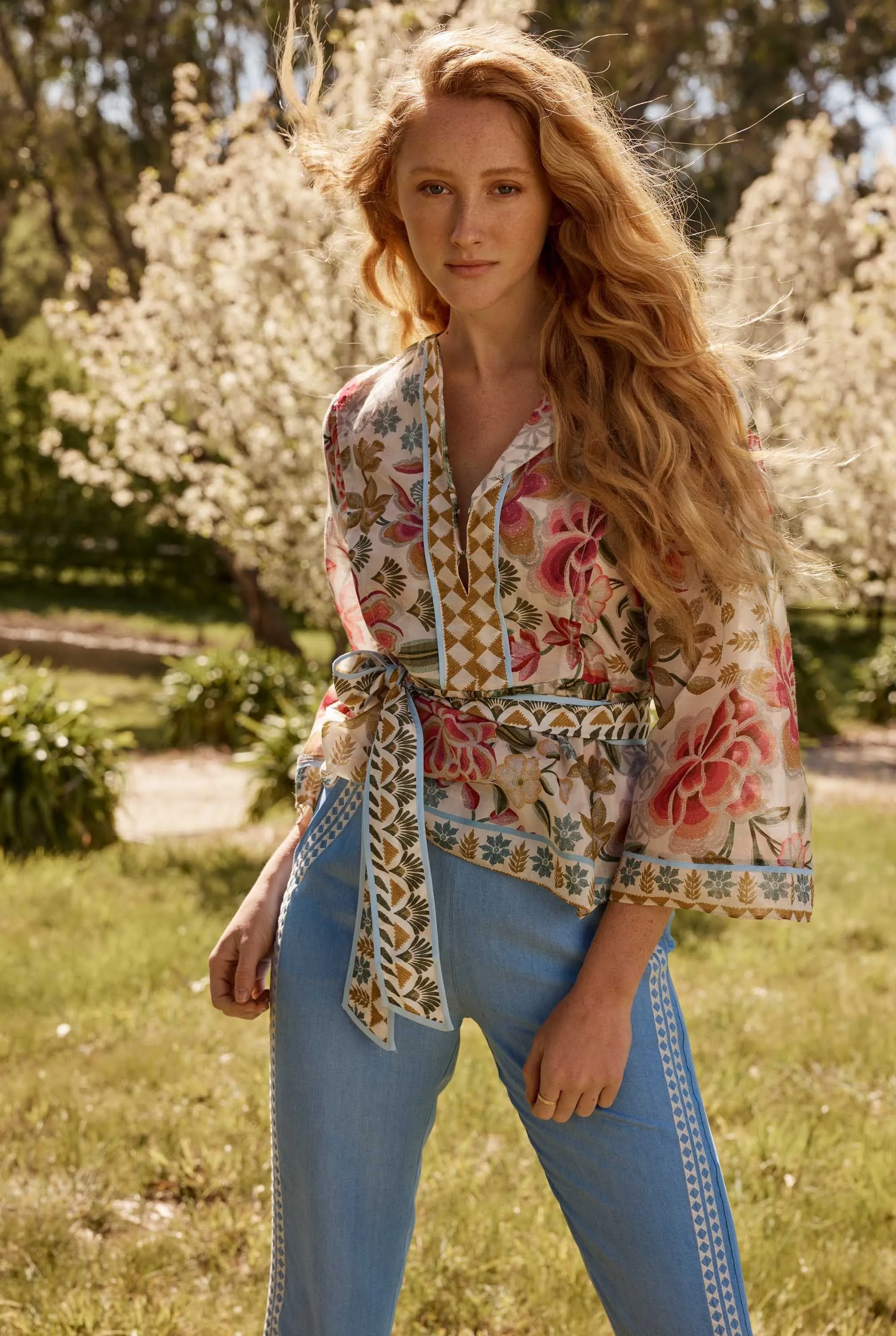 Once Was - Emery Cotton Silk Kaftan Tie Top - Azalea Fields