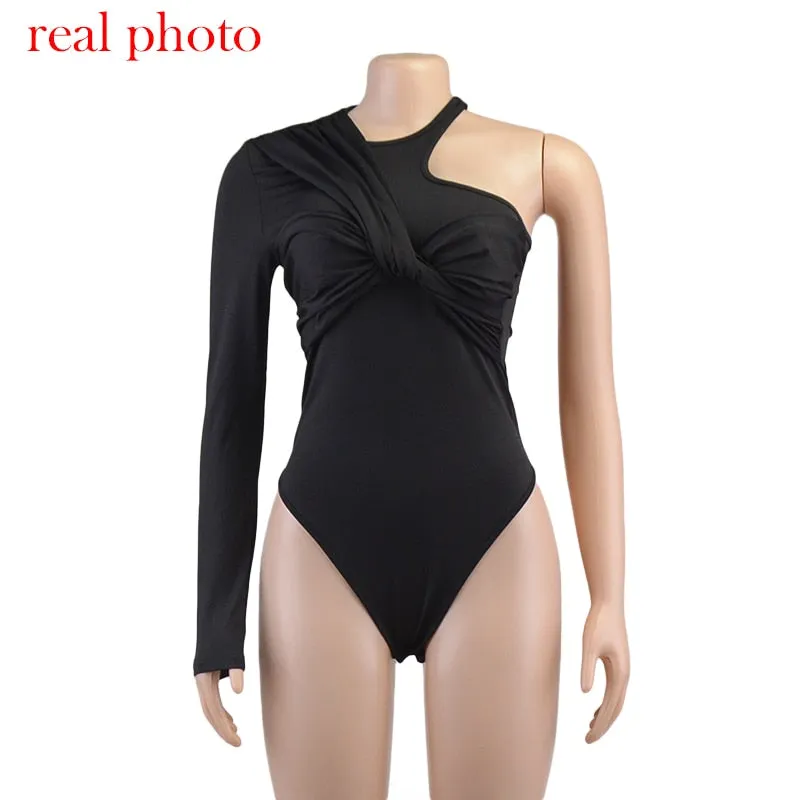 One Shoulder Sexy Backless Twist Bodysuits Women's Slim High Waist Bodysuit Club Party Streetwear