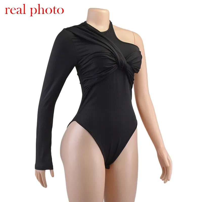 One Shoulder Sexy Backless Twist Bodysuits Women's Slim High Waist Bodysuit Club Party Streetwear