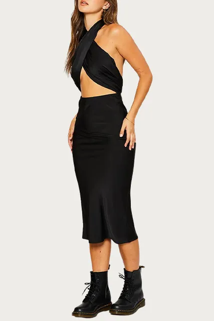 OPEN-BACK CROSSED SATIN MIDI DRESS