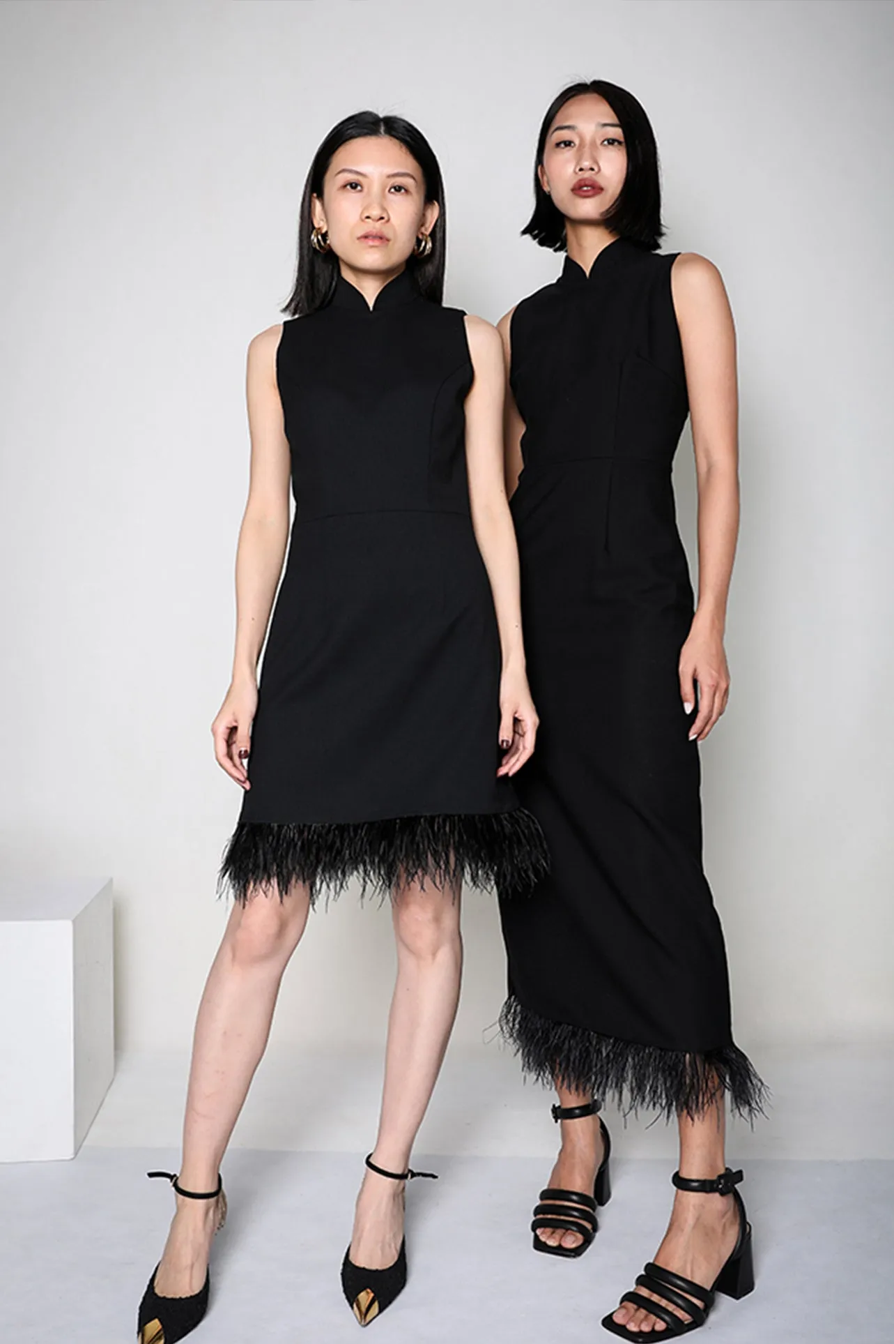 OSTRICH FEATHER EMBELLISHED CHEONGSAM DRESS