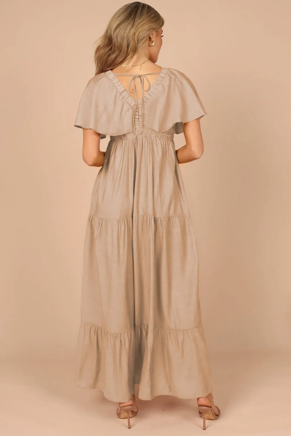 Parchment Textured V Neck Flutter Sleeve Ruffled Maxi Dress