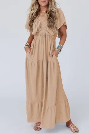 Parchment Textured V Neck Flutter Sleeve Ruffled Maxi Dress