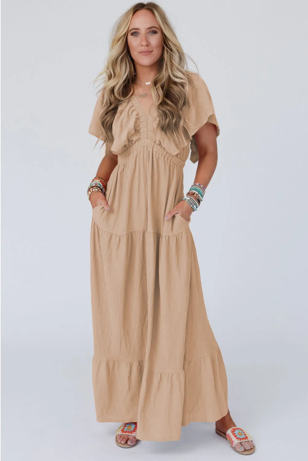 Parchment Textured V Neck Flutter Sleeve Ruffled Maxi Dress