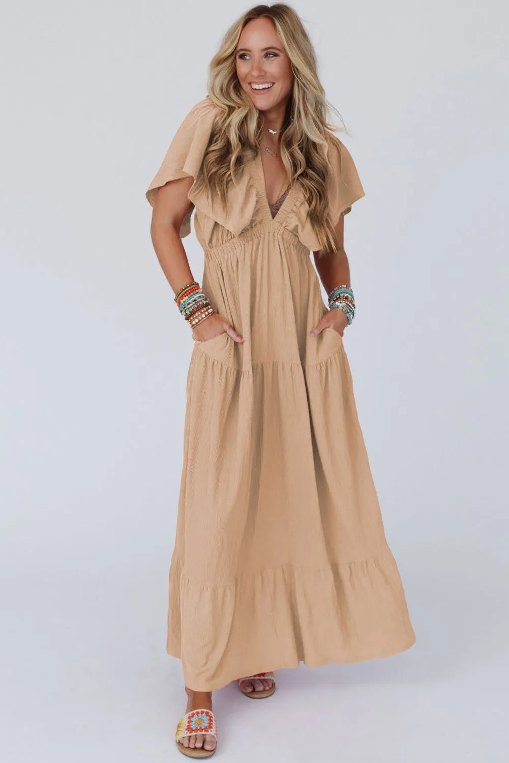 Parchment Textured V Neck Flutter Sleeve Ruffled Maxi Dress