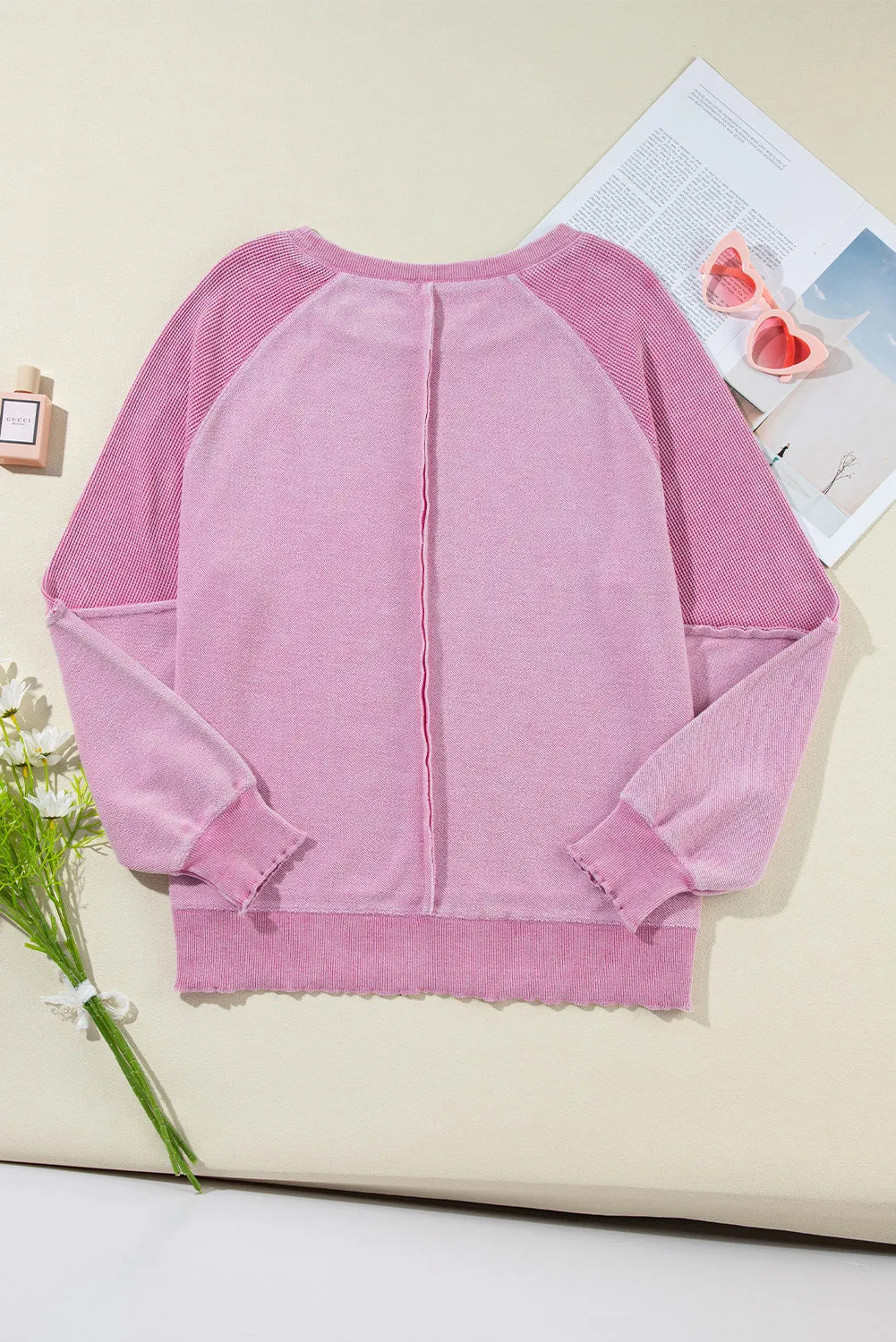 Pink Waffle Knit Patchwork Exposed Seam Raglan Sweatshirt