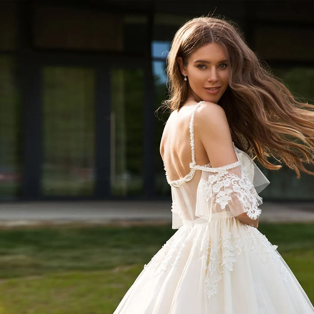 Princess A-line Wedding Dresses Vestido De Noiva Princesa Shoulder Straps Short Sleeve Zipper Up Appliques Beading Bridal Gowns