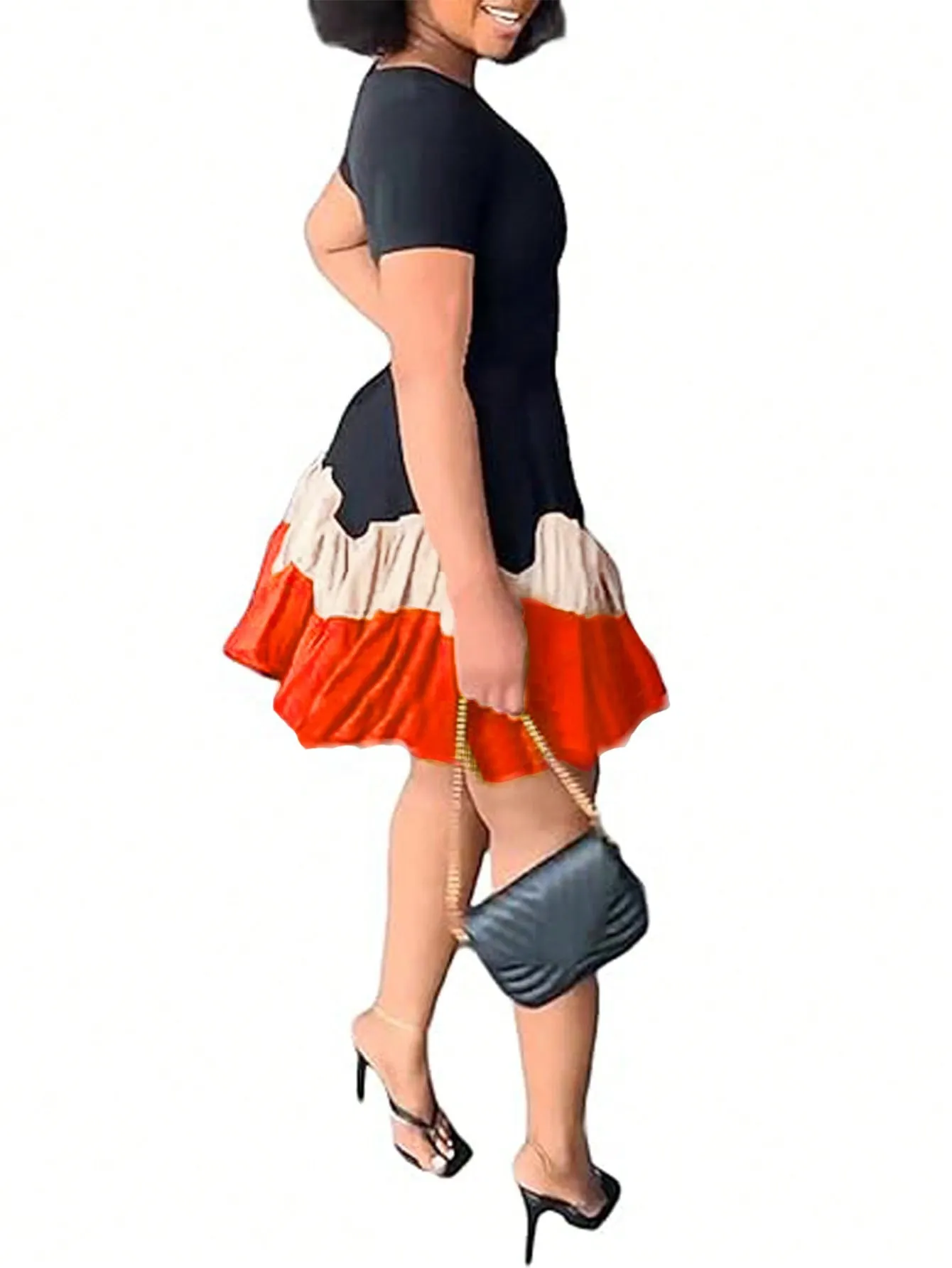 Privé Round Neck Color Block Ruffle Trimmed Dress