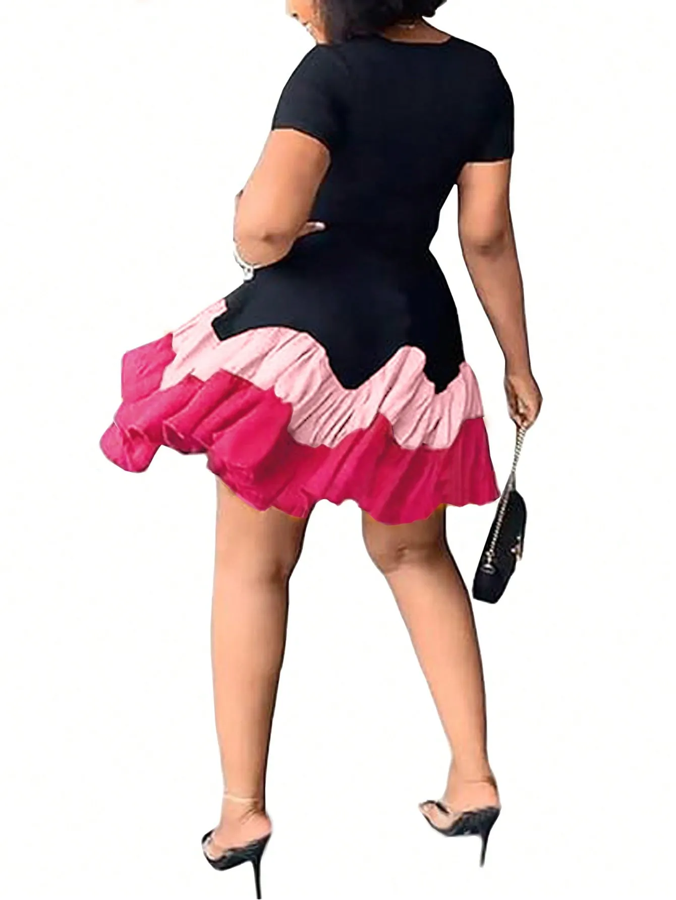 Privé Round Neck Color Block Ruffle Trimmed Dress