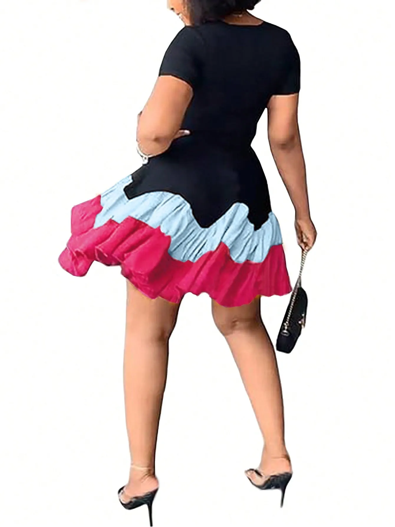 Privé Round Neck Color Block Ruffle Trimmed Dress