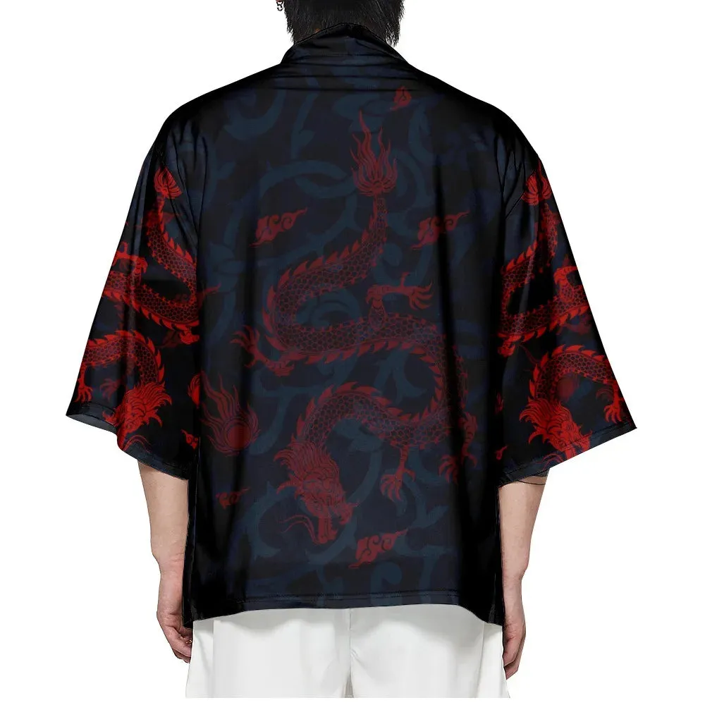 Red Dragon Print Yukata Top