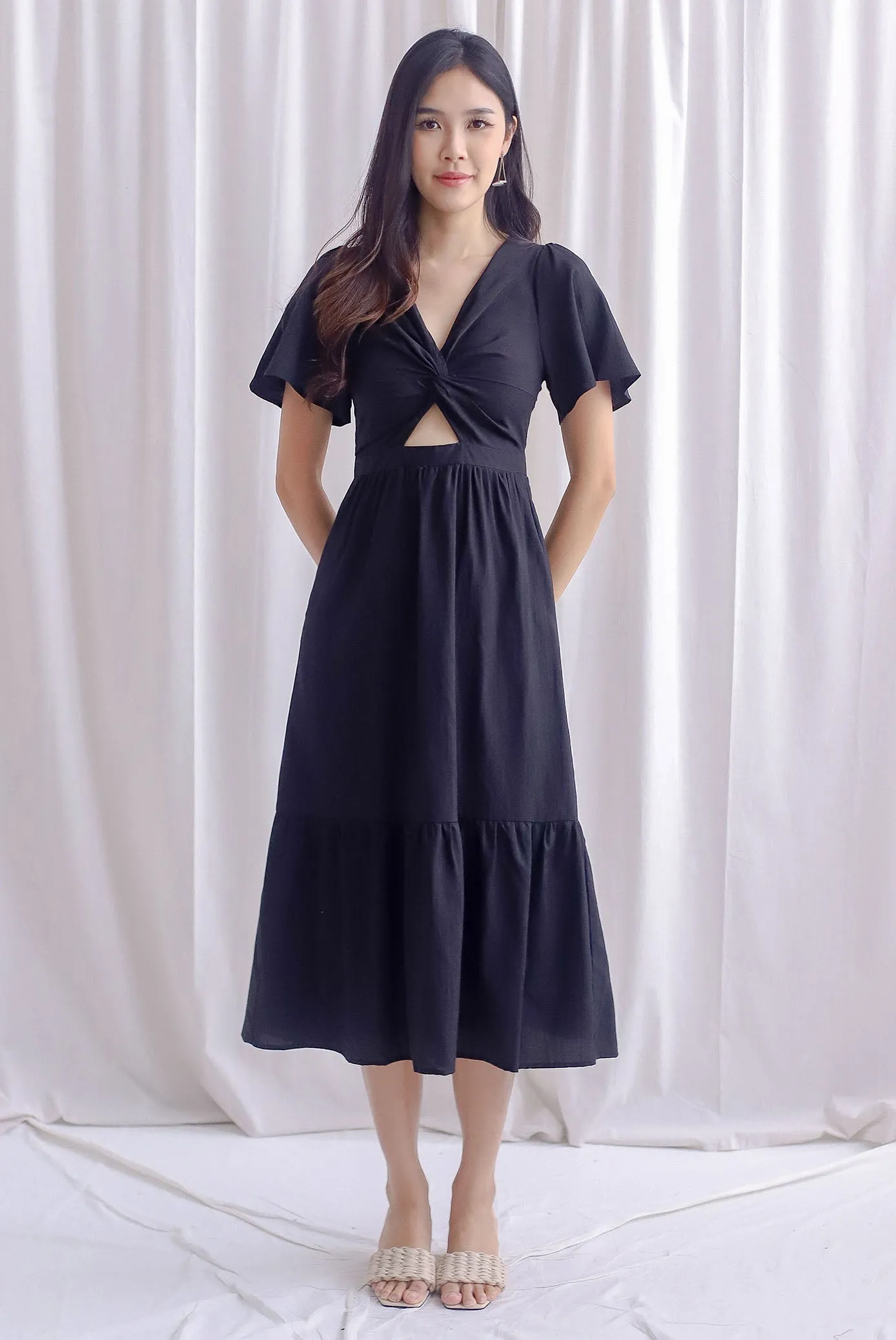 *Restocked* Teresa Flutter Sleeve Twist Knot Maxi Dress In Black