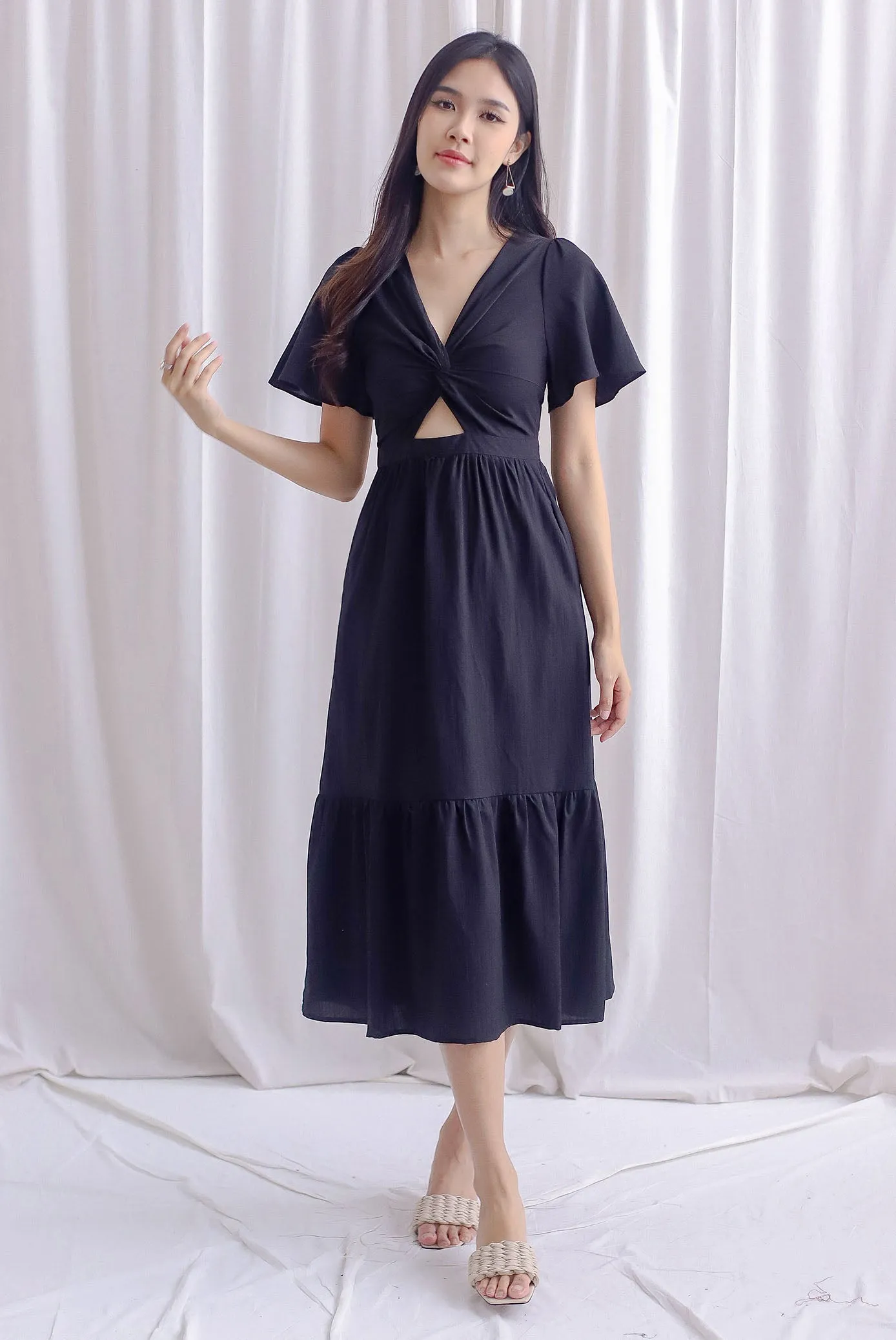 *Restocked* Teresa Flutter Sleeve Twist Knot Maxi Dress In Black