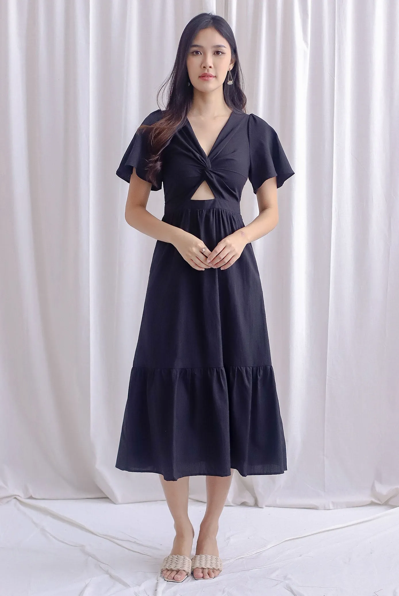 *Restocked* Teresa Flutter Sleeve Twist Knot Maxi Dress In Black