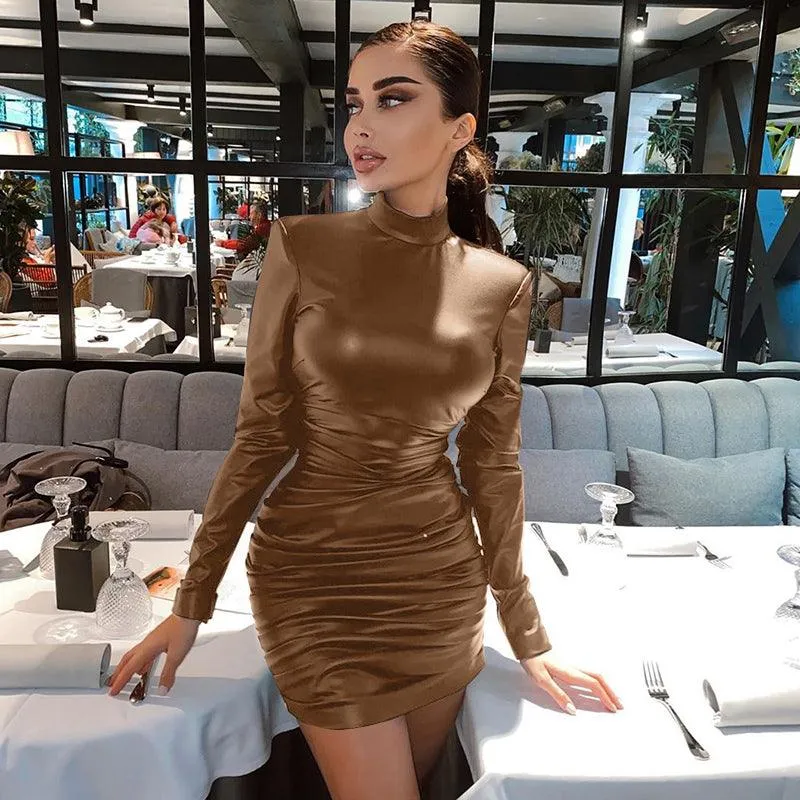 Ruched Turtleneck Long Sleeve Bodycon Bandage Sexy Dress