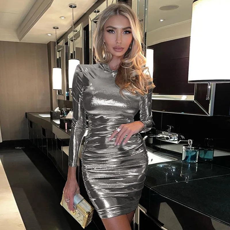 Ruched Turtleneck Long Sleeve Bodycon Bandage Sexy Dress