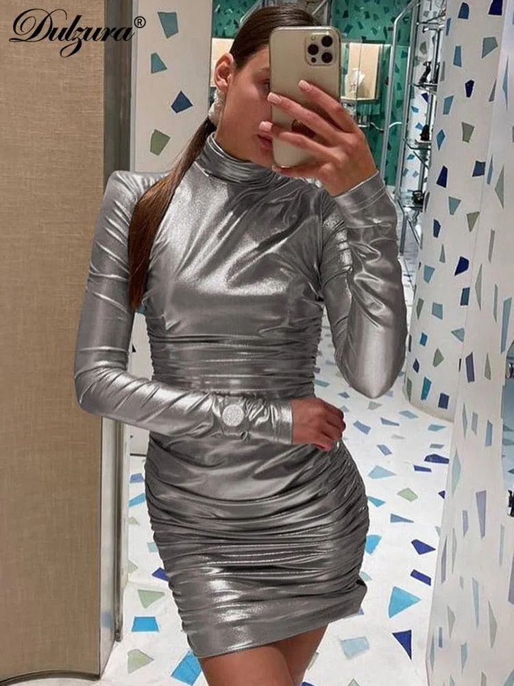 Ruched Turtleneck Long Sleeve Bodycon Bandage Sexy Dress