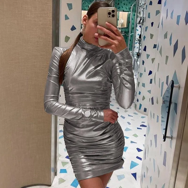 Ruched Turtleneck Long Sleeve Bodycon Bandage Sexy Dress