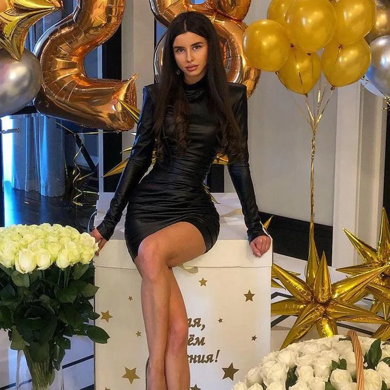 Ruched Turtleneck Long Sleeve Bodycon Bandage Sexy Dress