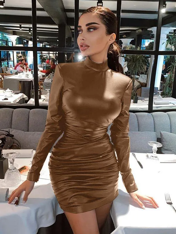 Ruched Turtleneck Long Sleeve Bodycon Bandage Sexy Dress