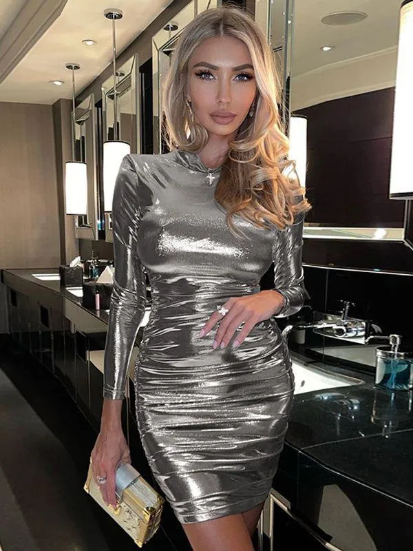 Ruched Turtleneck Long Sleeve Bodycon Bandage Sexy Dress