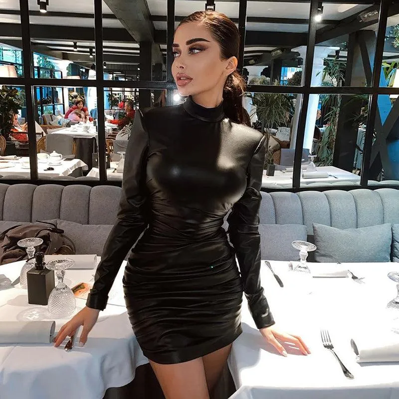 Ruched Turtleneck Long Sleeve Bodycon Bandage Sexy Dress