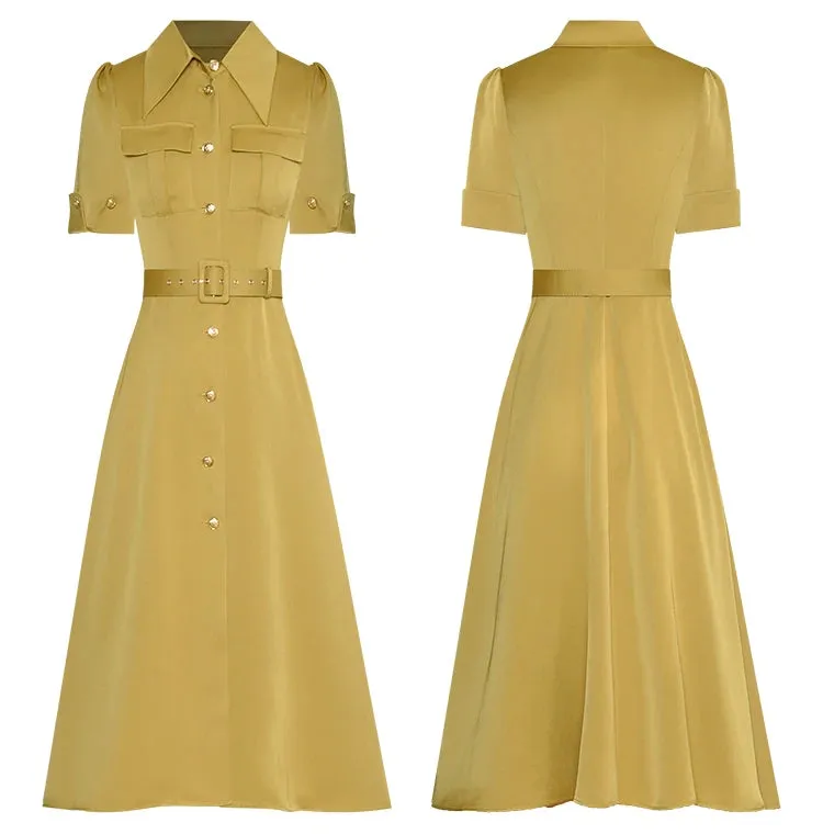 Saige Turn-down Collar Short Sleeve Single Breasted Lace-up Dress