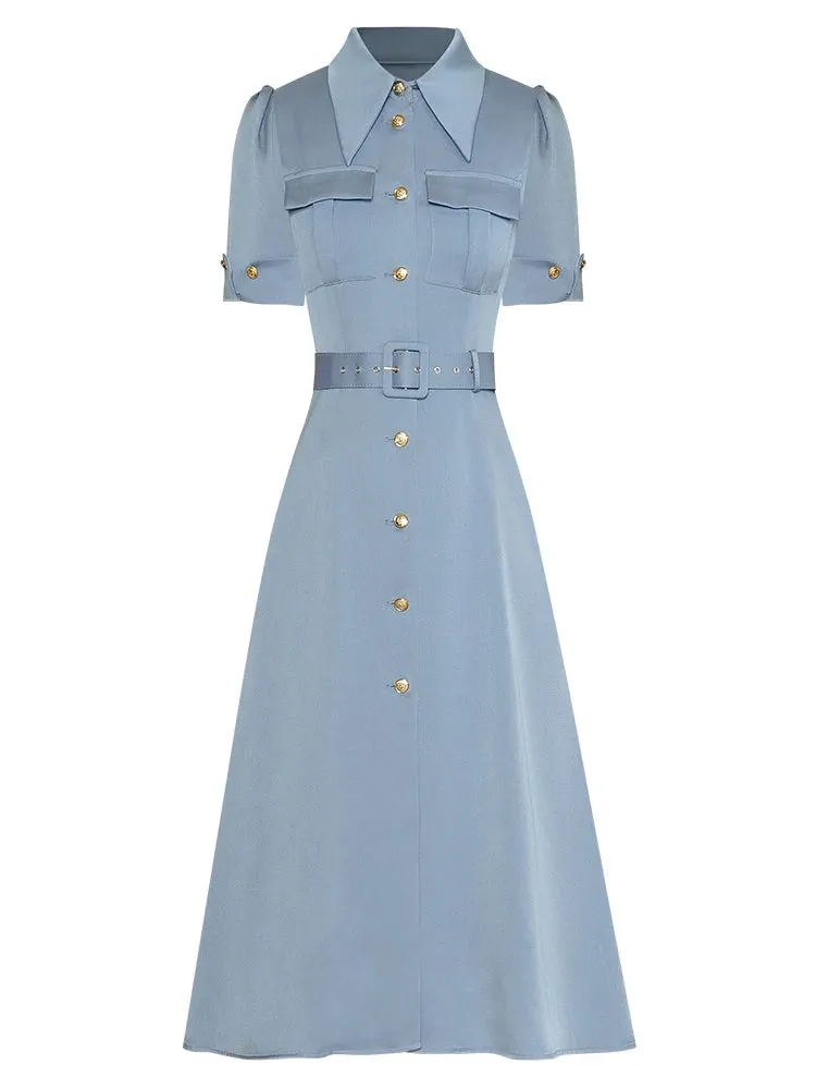 Saige Turn-down Collar Short Sleeve Single Breasted Lace-up Dress