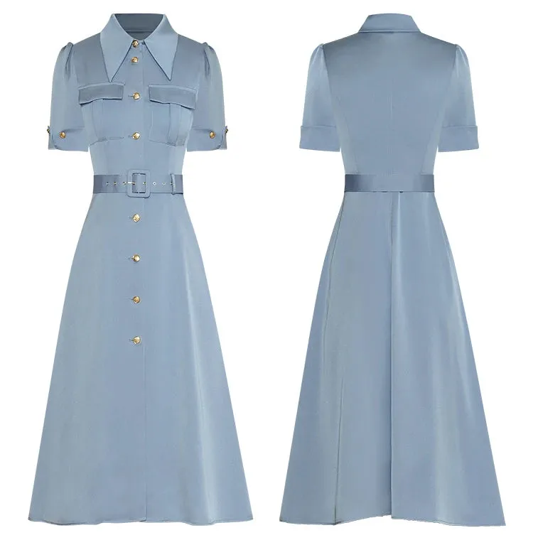Saige Turn-down Collar Short Sleeve Single Breasted Lace-up Dress