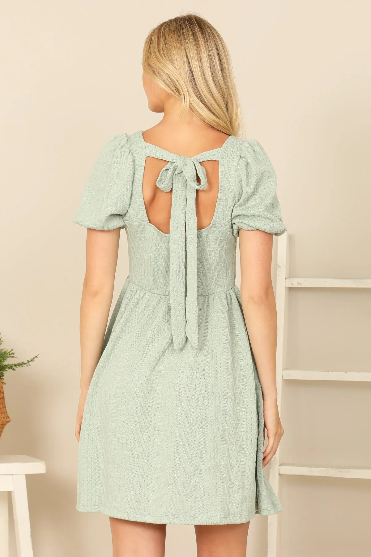SCOOP NECK RIBBON BACK TEXTURED SOLID DRESS