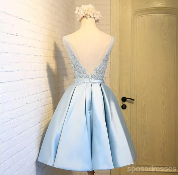 Scoop Neckline Two Straps Blue Lace See Through Homecoming Prom Dresses, Affordable Short Party Prom Dresses, Perfect Homecoming Dresses, CM290