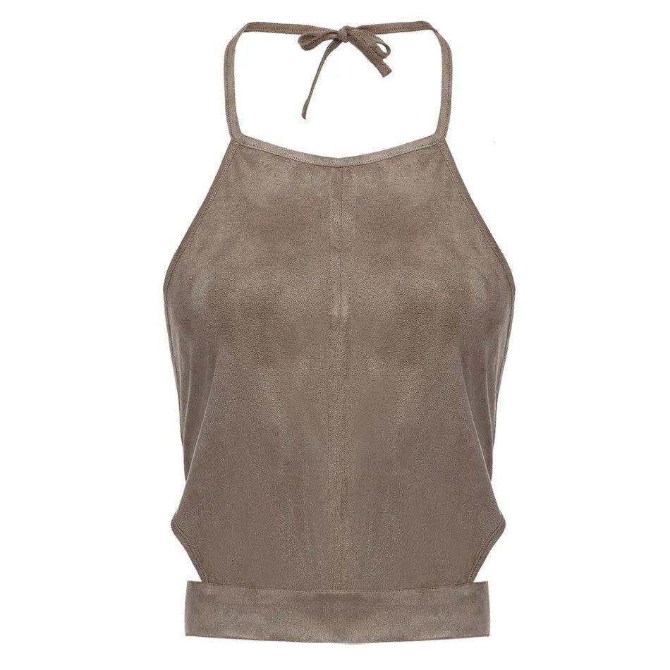 Sexy Lace Up Women Cropped Tanks Tops Vest Sexy Sleeveless Suede Bralette Bandage Crop Tops Camisole S-XL
