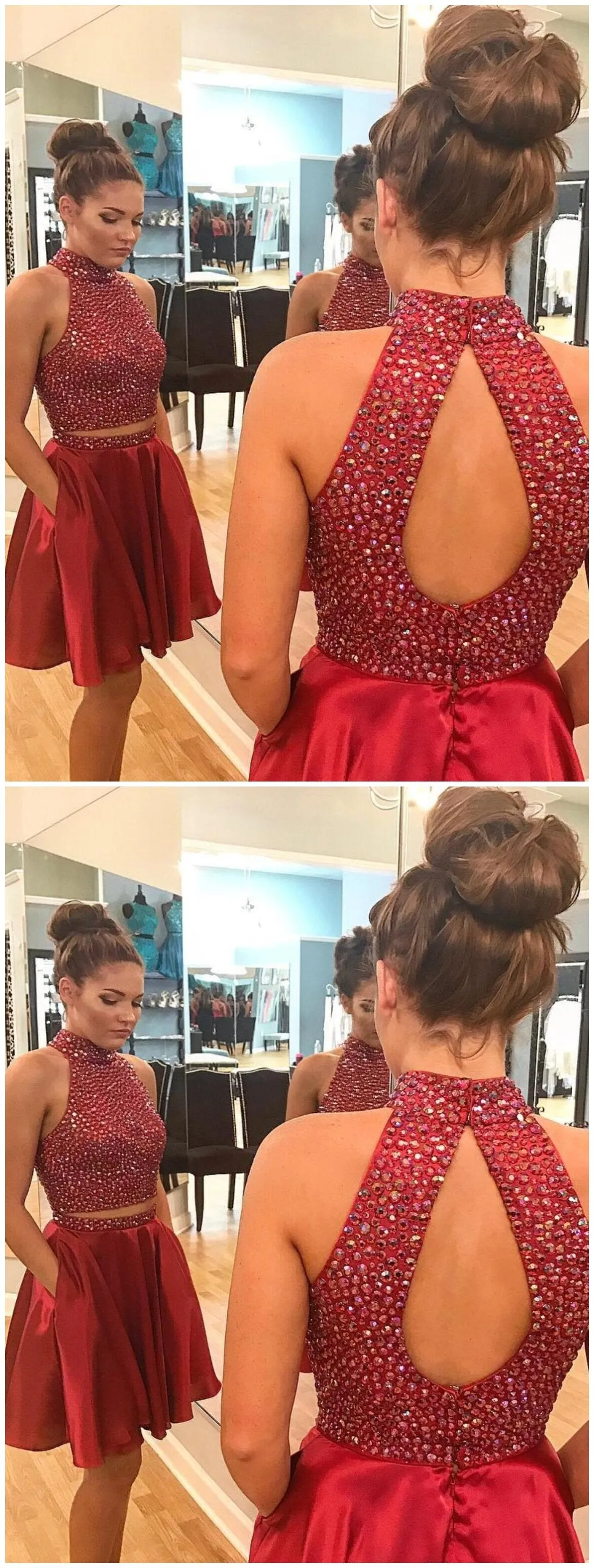 Sexy Two Piece Short Rhinestone Cute Red Homecoming Dresses 2018, CM484