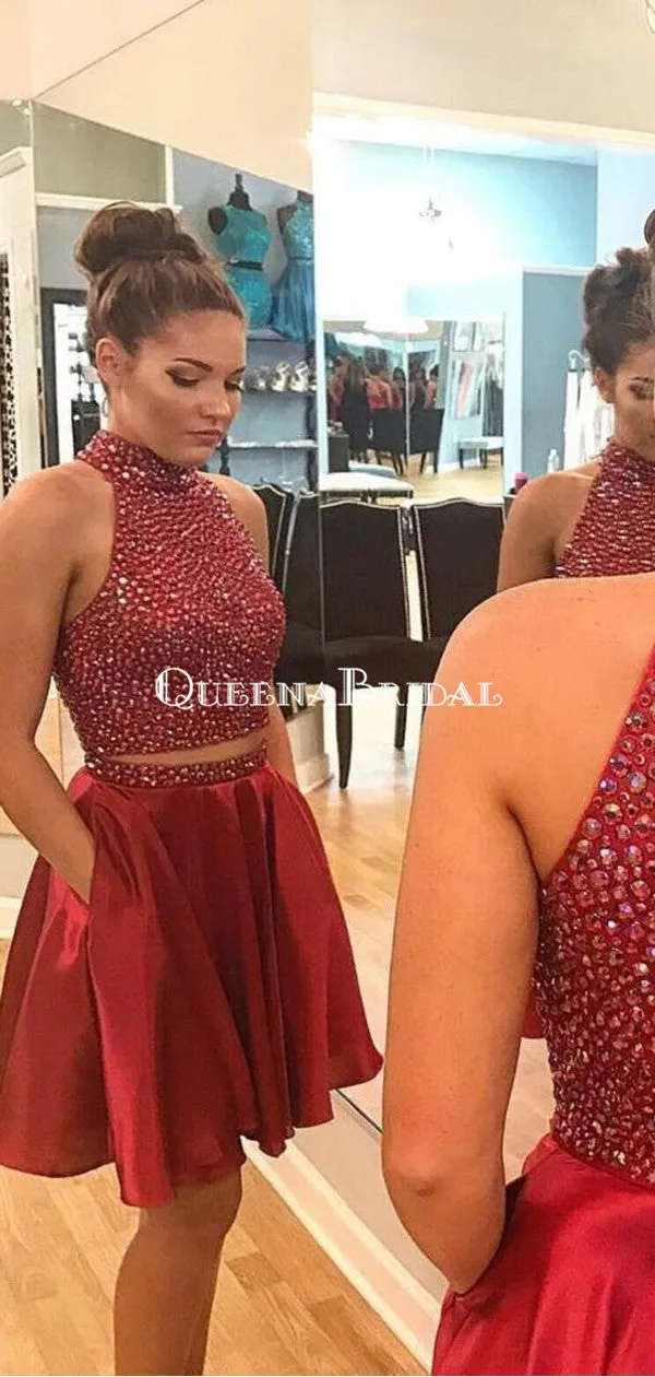 Sexy Two Piece Short Rhinestone Cute Red Homecoming Dresses 2018, CM484