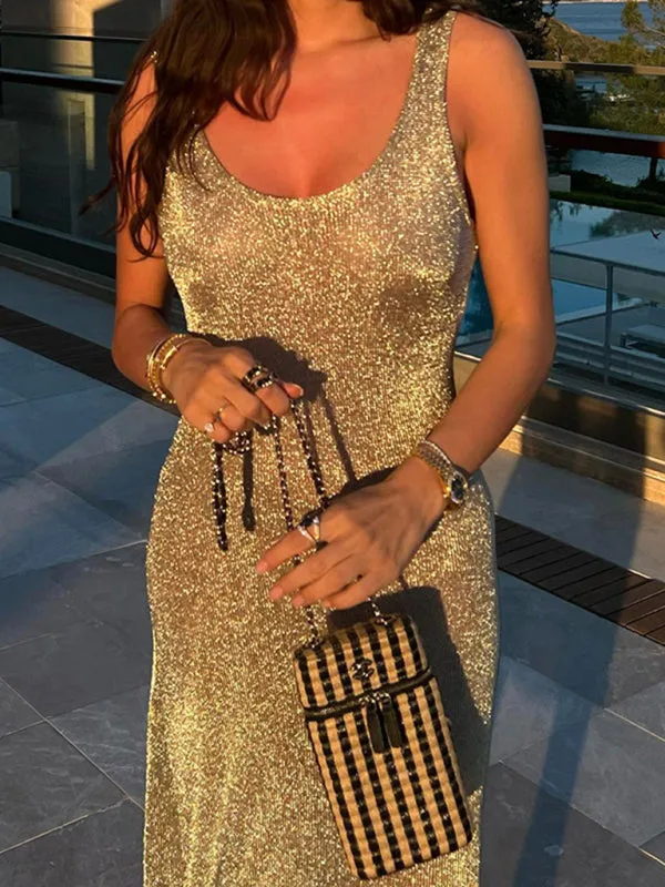 Shiny Slim Fit Midi Dress with U-Neck and Glittery Design