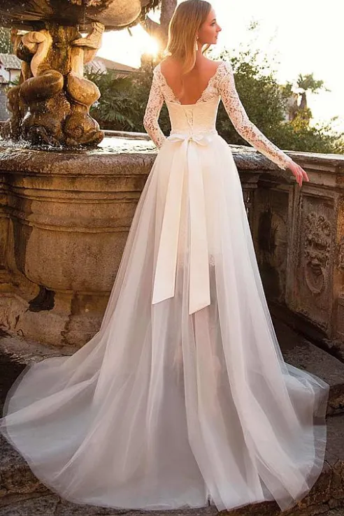 Short Lace Wedding Dresses with Detachable Tulle Skirt
