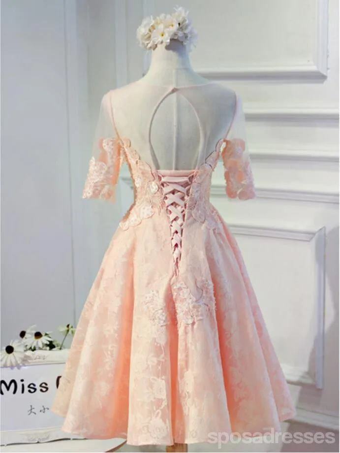 Short Sleeve Peach Lace Open Back Homecoming Prom Dresses, Affordable Short Party Prom Dresses, Perfect Homecoming Dresses, CM297