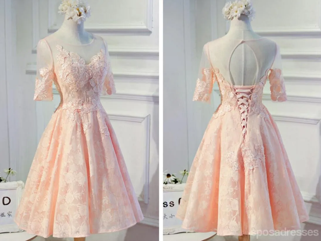 Short Sleeve Peach Lace Open Back Homecoming Prom Dresses, Affordable Short Party Prom Dresses, Perfect Homecoming Dresses, CM297