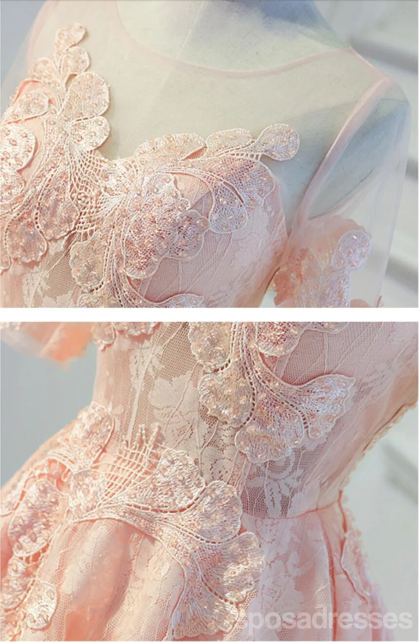 Short Sleeve Peach Lace Open Back Homecoming Prom Dresses, Affordable Short Party Prom Dresses, Perfect Homecoming Dresses, CM297