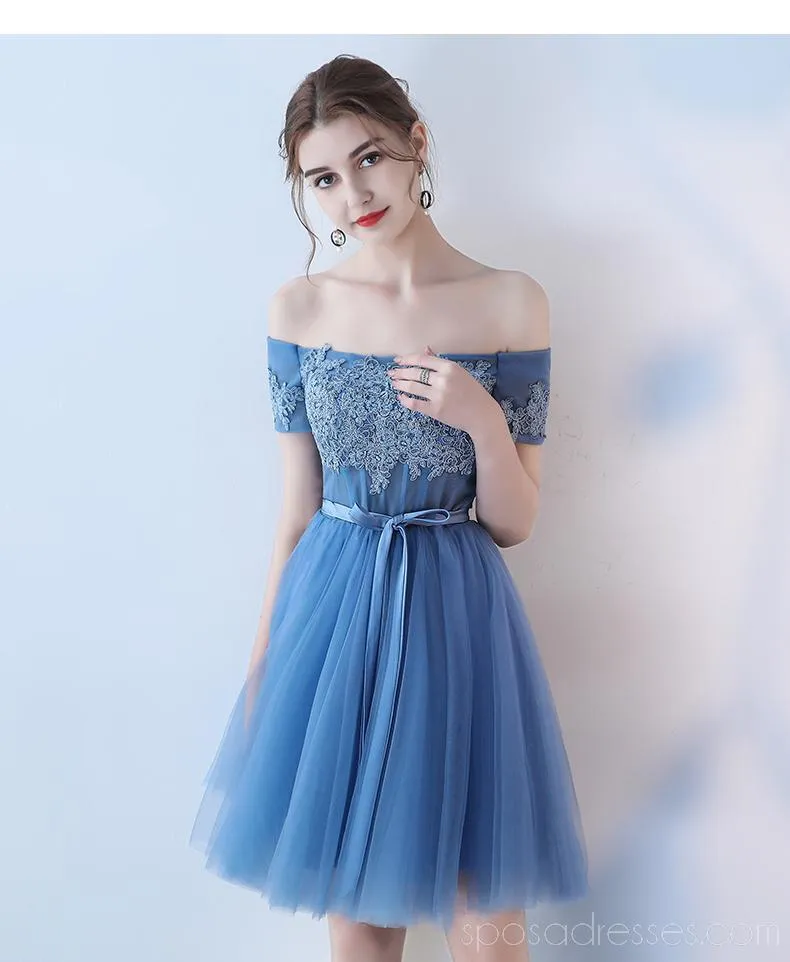 Short Sleeves Off Shoulder Blue Lace Cheap Homecoming Dresses Online, Cheap Short Prom Dresses, CM781