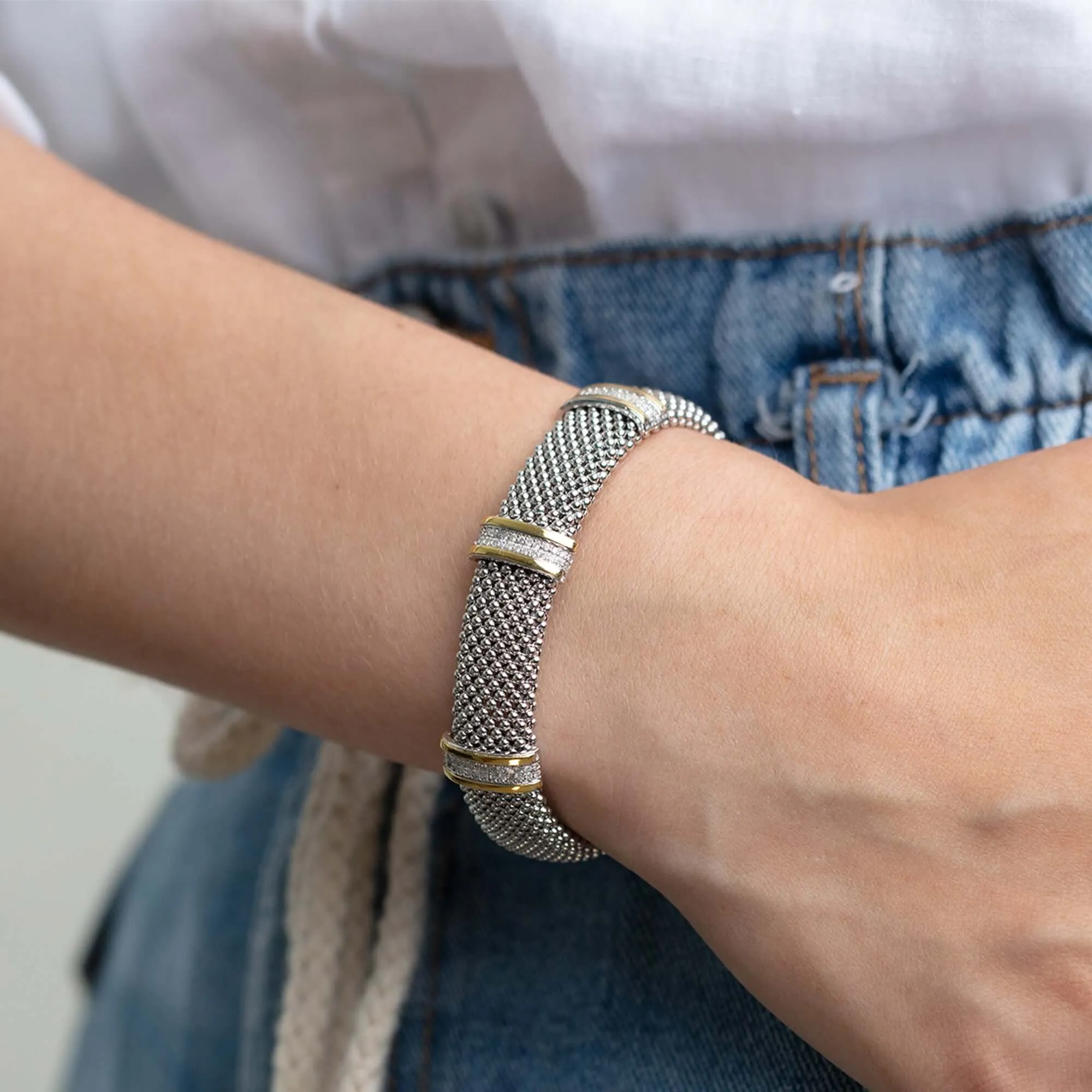 Silver & 18K Gold Diamond Station Striped Bold Cuff