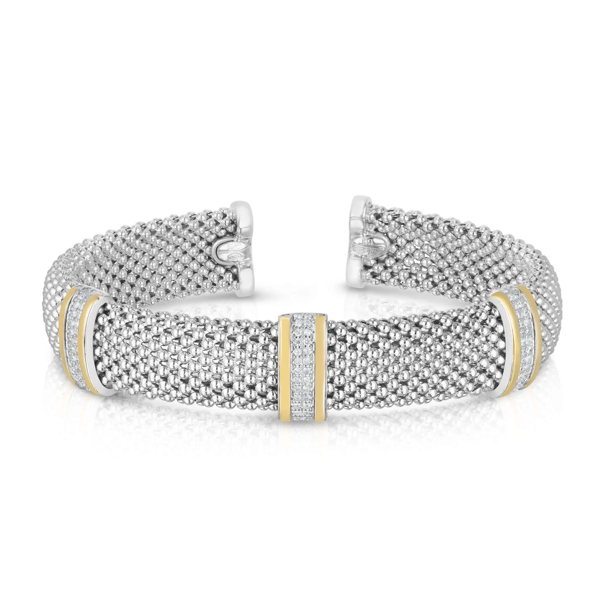 Silver & 18K Gold Diamond Station Striped Bold Cuff