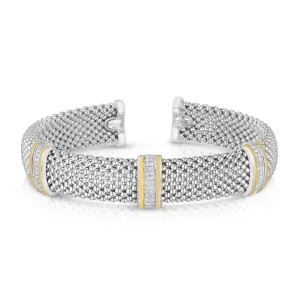 Silver & 18K Gold Diamond Station Striped Bold Cuff