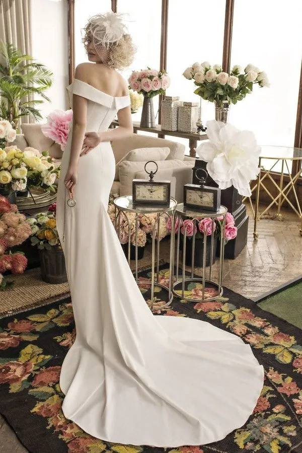 Simple Slim Wedding Gown with Fold Off-the-shoulder Neckline