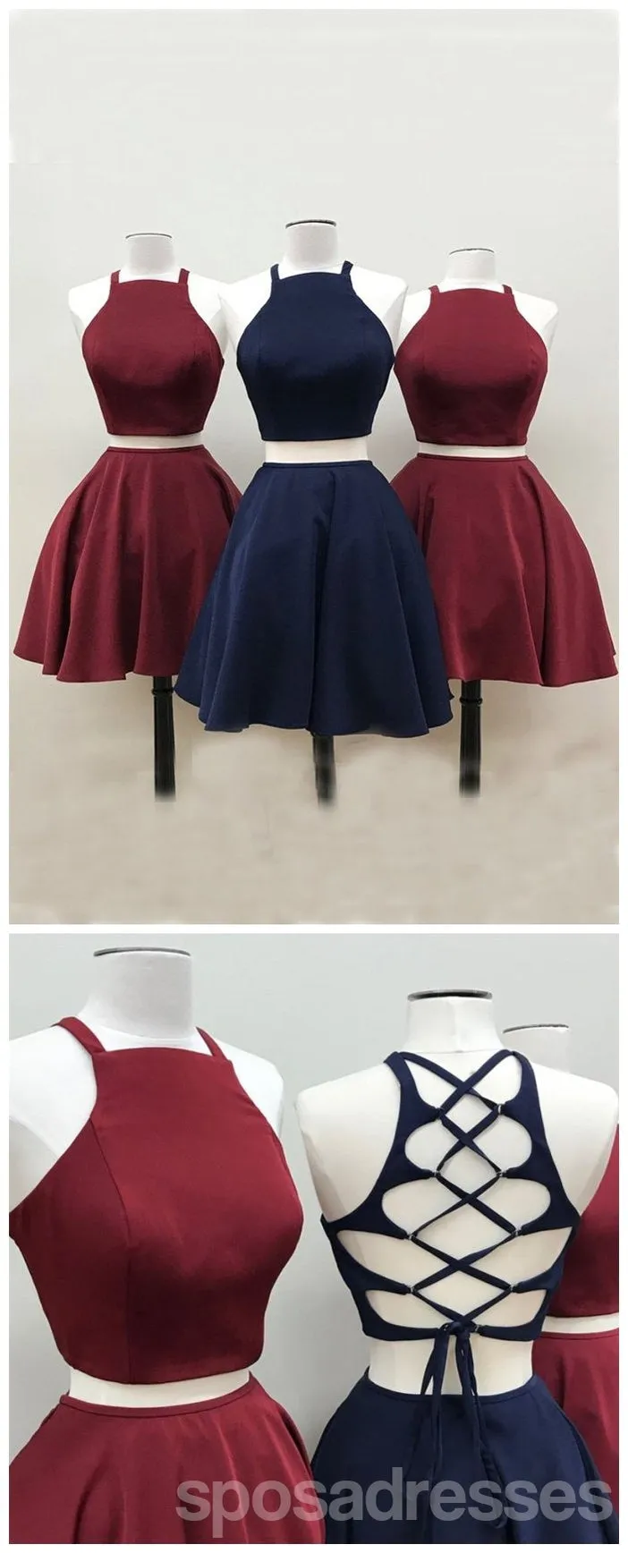 Simple Two Pieces Halter Burgundy Cheap Short Homecoming Dresses 2018, CM553