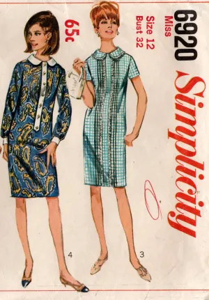 Simplicity 6920 Womens Tucked Dress with Peter Pan Collar 1960s Vintage Sewing Pattern Size 12 Bust 32 inches