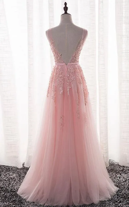 Sleeveless V-neck Long Beaded Tulle Dress-331321