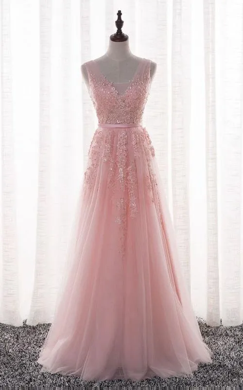 Sleeveless V-neck Long Beaded Tulle Dress-331321